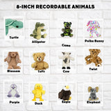 a collection of 8-inch recordable stuffed animals, including a turtle, alligator, camo, polka bunny, bunny, flower, cow, twist, cow, taffy, cow, twist, duck, eagle, and elephant.