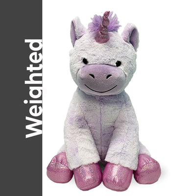 A plush toy of a unicorn with a pink horn and feet, sitting on a white background.