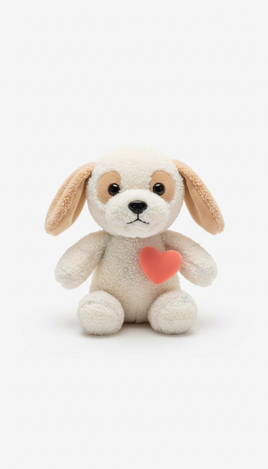 Plush puppy with soft coral heart accessory