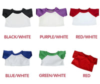 six different t-shirts in various colors, including black/white, purple/white, red/white, blue/white, green/white, and red.