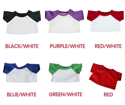 six different t-shirts in various colors, including black/white, purple/white, red/white, blue/white, green/white, and red.