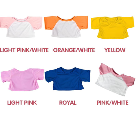 a collection of six t-shirts in various colors, including light pink, white, orange, yellow, royal, and pink/white.