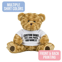 A brown teddy bear wearing a white t-shirt with the text "CUSTOM SHIRT" printed on it.