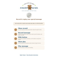 Voice recorder instruction card for the recordable frenchie: turn the top disk to record, then play the message