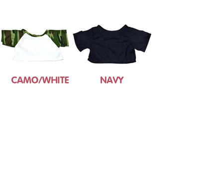 two t-shirts, one in camouflage and one in navy, with the text "CAMO/WHITE" and "NAVY" written above them.