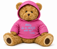 Custom plushie hoodie in pink on a teddy bear, personalized with embroidered text for 14-16 inch stuffed animals