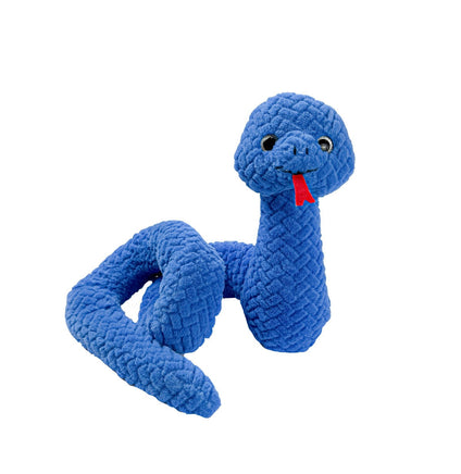 May include: A blue plush snake toy. The snake is coiled and has a textured, woven-like fabric. Its head features embroidered eyes and a red tongue. This soft, cuddly toy is perfect for children and pet play.  The plush snake is a fun and engaging toy for imaginative play.