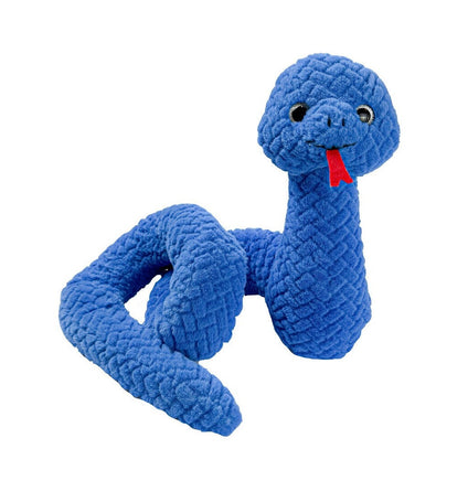 May include: A blue plush snake toy. The snake is coiled and has a textured, plush fabric. Its head features embroidered eyes and a red tongue. This soft, cuddly toy is perfect for children.