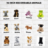 16-inch recordable stuffed animals, including an elephant, a beaver, a flamingo, a frog, a dog, a cat, a shepherd, a bulldog, a weenie, a pug, a wolf, a corgi, and a capybara.
