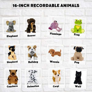 16-inch recordable stuffed animals, including an elephant, a beaver, a flamingo, a frog, a dog, a cat, a shepherd, a bulldog, a weenie, a pug, a wolf, a corgi, and a capybara.