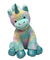 A plush toy of a unicorn with a blue and pink color scheme and a glittery horn.
