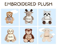 Embroidered plush toys of a lion, moose, raccoon, sloth, brown bear, and lamb are displayed in a collage.