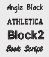 four different black embroidered text designs, including "Angle Block", "Athletica Block2", "Book Script", and "Book Script".