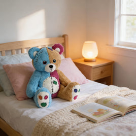 A blue and brown teddy bear sits on a bed, with an open book and a lamp nearby.