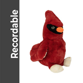 A red plush toy of a cardinal bird is sitting on a white background.