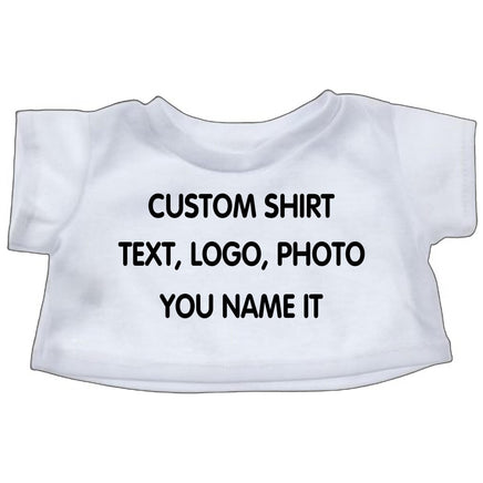 A white t-shirt with the text "CUSTOM SHIRT" printed on it.