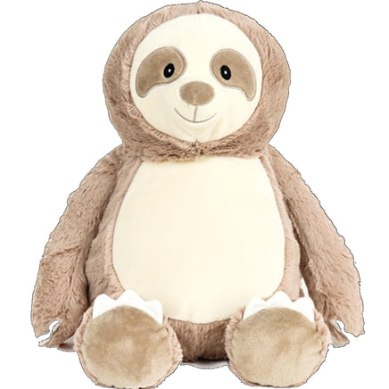 A plush toy of a sloth sitting on a white background.