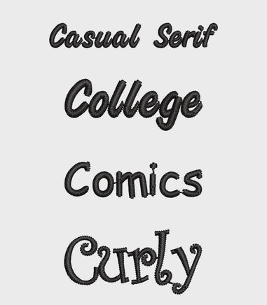 four different styles of text, including "Casual Serif", "College Comics", "Curly", and "College Comics Curly".