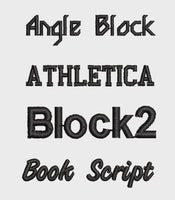 four different black embroidered text designs, including "Angle Block", "Athletica Block2", "Book Script", and "Book Script".