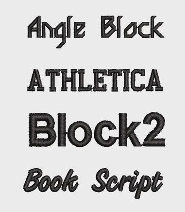 four different black embroidered text designs, including "Angle Block", "Athletica Block2", "Book Script", and "Book Script".