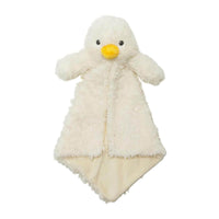 A white stuffed duck toy with a yellow beak and feet.