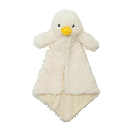 A white stuffed duck toy with a yellow beak and feet.
