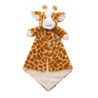 A stuffed toy giraffe with a brown and white spotted pattern.