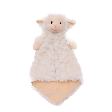 A plush toy sheep with a fluffy white coat and pink nose.