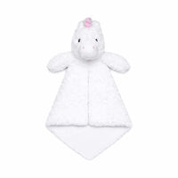 A white plush unicorn blanket with a pink horn.