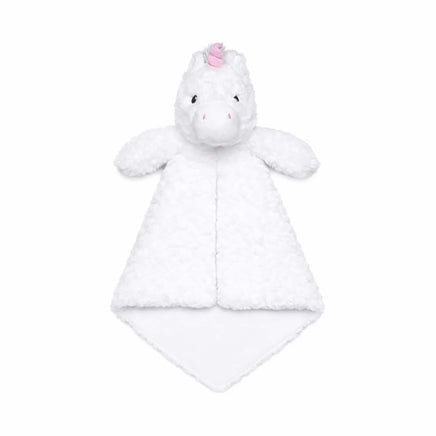 A white plush unicorn blanket with a pink horn.