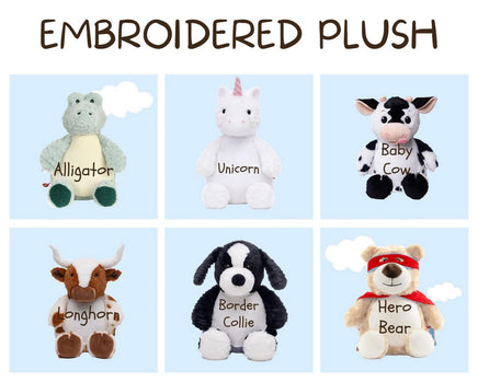 Embroidered plush toys of various animals, including a crocodile, unicorn, cow, alligator, dog, and bear, each with a different name.