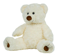 A white teddy bear sitting on its hind legs with its arms and legs spread out.