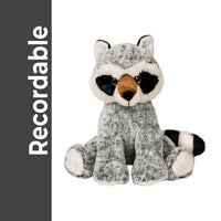 A plush toy of a raccoon sitting on its hind legs against a white background.