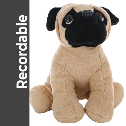 A stuffed pug toy with a black nose and eyes sits on a white background.