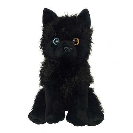 A black plush toy dog with large, round eyes and a fluffy, furry appearance.