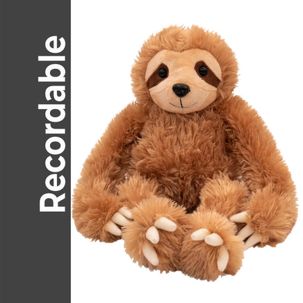 A brown plush sloth toy sitting on a white background.