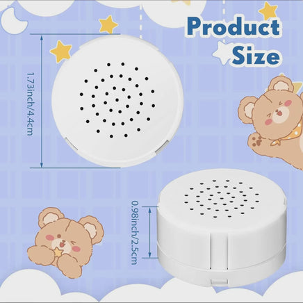 The image is a product size diagram for a white speaker with a circular design and a speaker with a circular design. The speaker has a diameter of 1.73 inches and a height of 0.96 inches. The image also includes a cartoon image of a bear and a bear with a yellow star on its head.