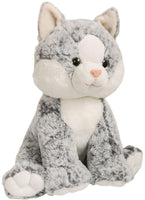 A plush gray and white cat toy with large eyes and a pink nose sits on a white background.