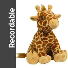 A stuffed giraffe toy is sitting on a white background.