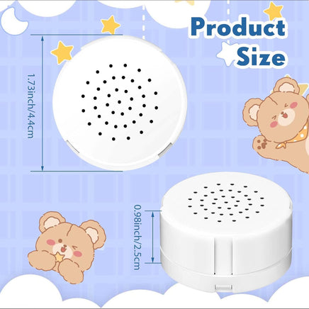 The image is a product size diagram for a white speaker with a circular design and a speaker with a circular design. The speaker has a diameter of 1.73 inches and a height of 0.96 inches. The image also includes a cartoon image of a bear and a bear with a yellow star on its head.