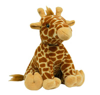 A stuffed giraffe toy sitting on a white background.