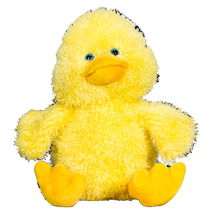 A yellow plush duck toy sitting on a white background.