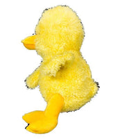 A yellow plush duck toy is sitting on its hind legs against a white background.