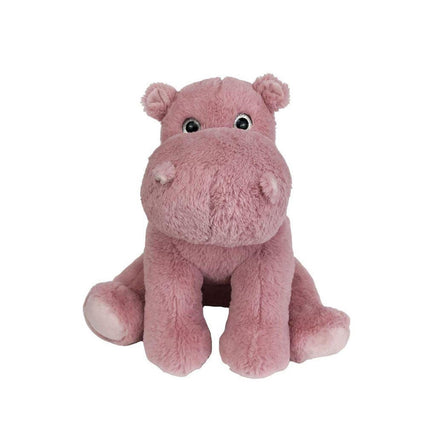 A pink stuffed hippo toy is sitting on a white background.
