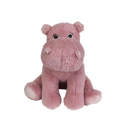 A pink stuffed hippo toy is sitting on a white background.