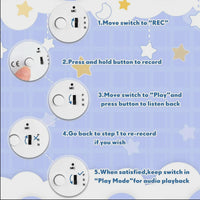 The image is a step-by-step guide with instructions on how to use a device, likely a music player or recording device, with a blue background and stars.