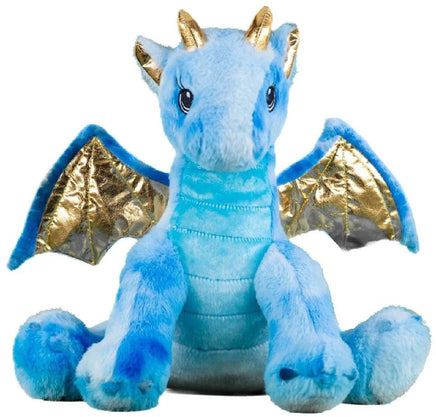 A plush toy of a blue dragon with gold accents, sitting on its hind legs with its wings spread out.