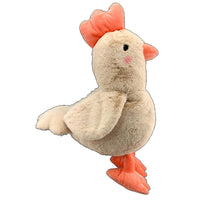 A plush toy of a chicken with orange feet and a red beak.
