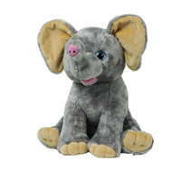 A gray stuffed elephant toy with large ears and a pink nose sits on a white background.
