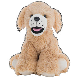 A stuffed dog toy with a smiling expression.